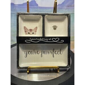 JT Rose Cat Kitten Lover Porcelain Trinket Jewelry Dish Tray Set Black NEW